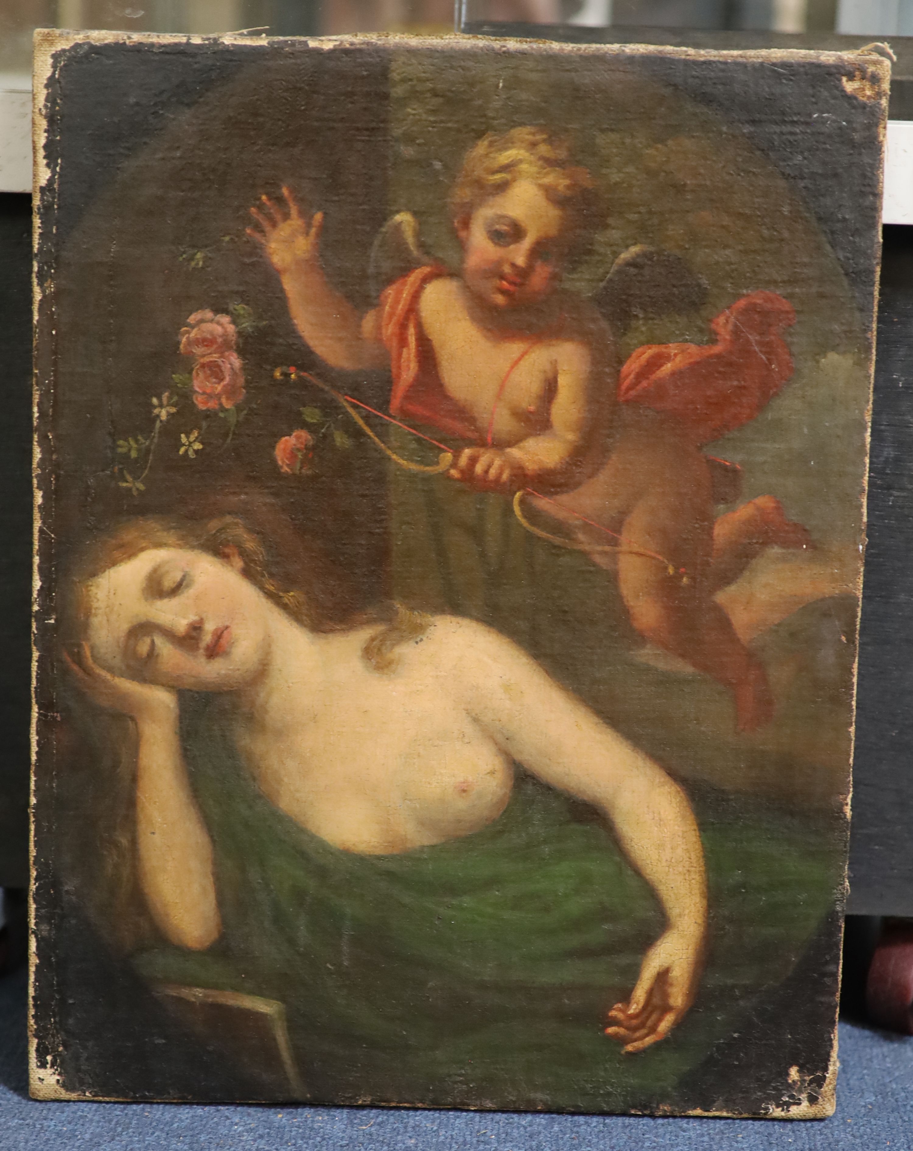 19th century English School, Cupid and a sleeping Venus, Oil on canvas, 43 x 34 cm. unframed
